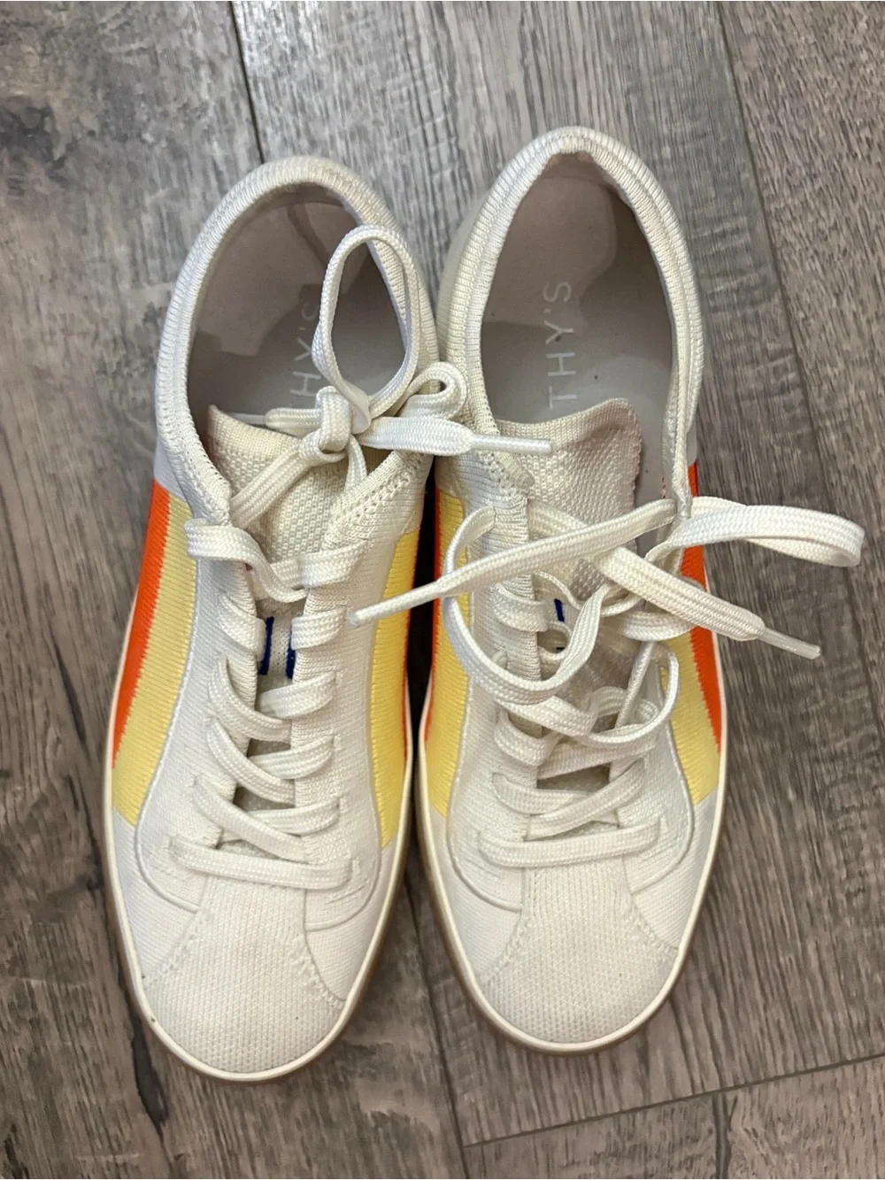 Rothy's Cream Canvas Sneakers with Yellow and Orange Stripe Sz 7